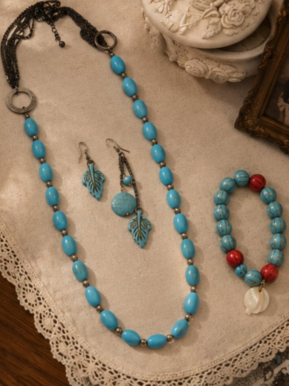 Real Turquoise Jewelry Bundle: Necklace, Earrings and Bracelet